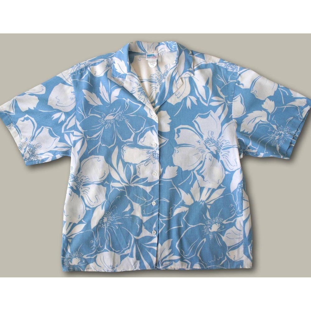 Wrangler Vintage Tropical Floral Button Down Shirt Small Blue White Made in USA